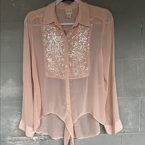 Y2K Blush Pink Satin Sequin Tie Front High Low Small Chico’s Size 0 Evening Top